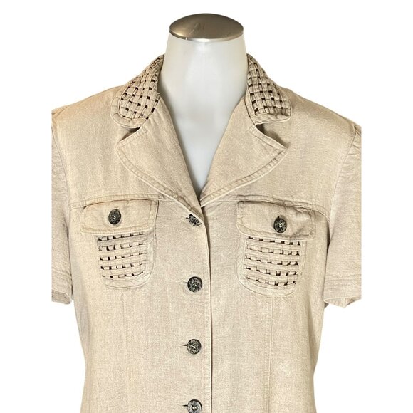John Roberts Beige Button-Down Midi Dress Size 10 Linen/Rayon Blend Woven Trim S - Picture 6 of 15